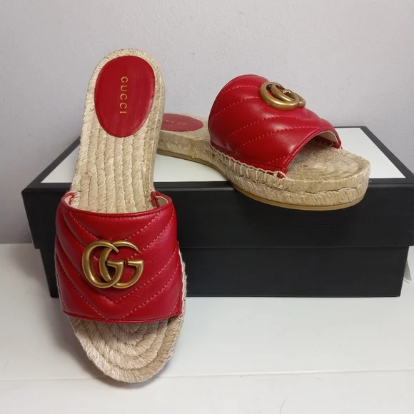 NEW GUCCI GG MARMONT MATELASSE LEATHER ESPADRILLE SANDALS RED/GOLD SZ 37 - Picture 14 of 16